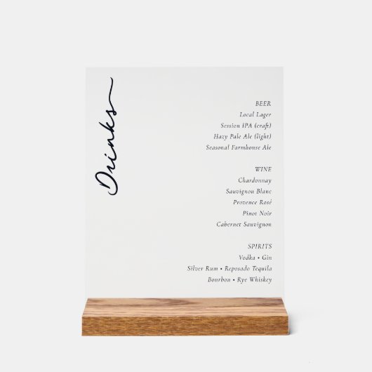 Sophisticated Minimalist Beverage Menu Acrylschild (Vorderseite)