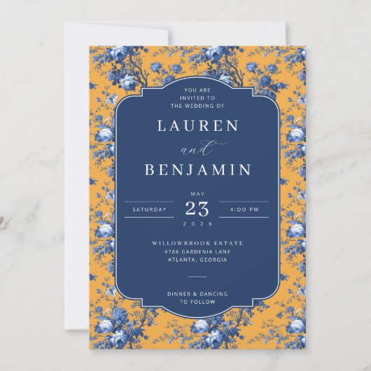Sophisticated Navy Floral Wedding Invitation Einladung (Vorderseite)