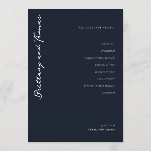 Sophisticated Navy Minimalist Wedding Program Programm (Vorderseite)