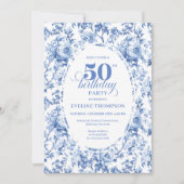 Sophisticated Navy Toile Rose 50th Birthday Invite Einladung (Vorderseite)