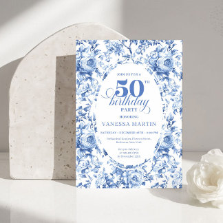 Sophisticated Navy Toile Rose 50th Birthday Invite Einladung