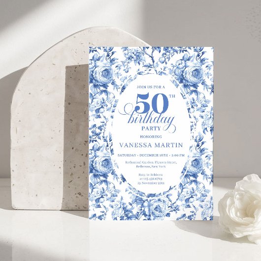 Sophisticated Navy Toile Rose 50th Birthday Invite Einladung