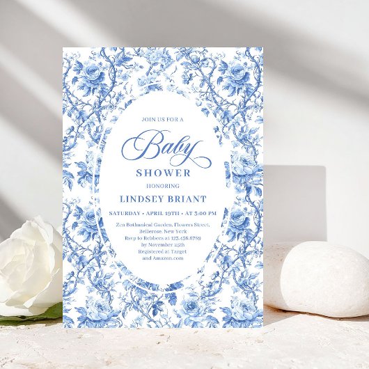 Sophisticated Navy Toile Rose Baby Shower Invite Einladung