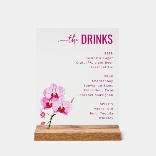 Sophisticated Pink Floral Beverage Menu Acrylschild (Vorderseite)