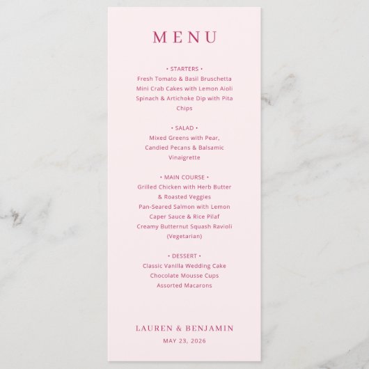 Sophisticated Pink Serif Wedding Menu Menükarte (Vorderseite)
