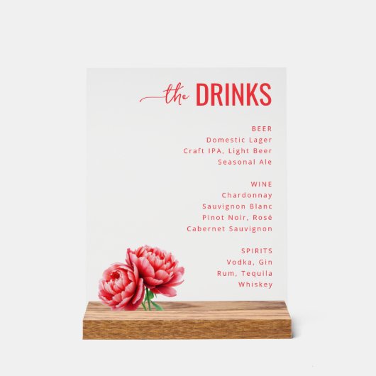 Sophisticated Red Floral Beverage Menu Acrylschild (Vorderseite)