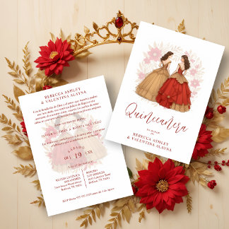 Sophisticated Spanish Red & Gold Quinceañera Twins Einladung