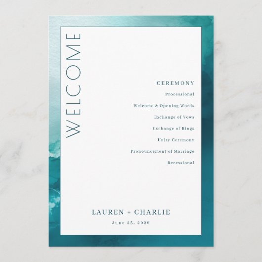 Sophisticated Teal Watercolor Ceremony Schedule Programm (Vorderseite)