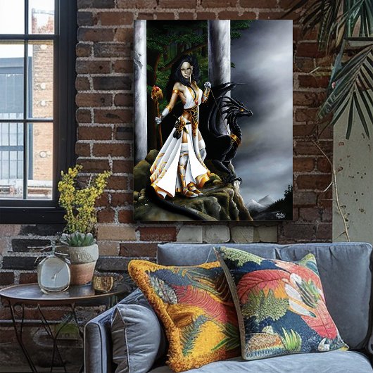 Sorceres Bolack Dragon Fantasy White Poster