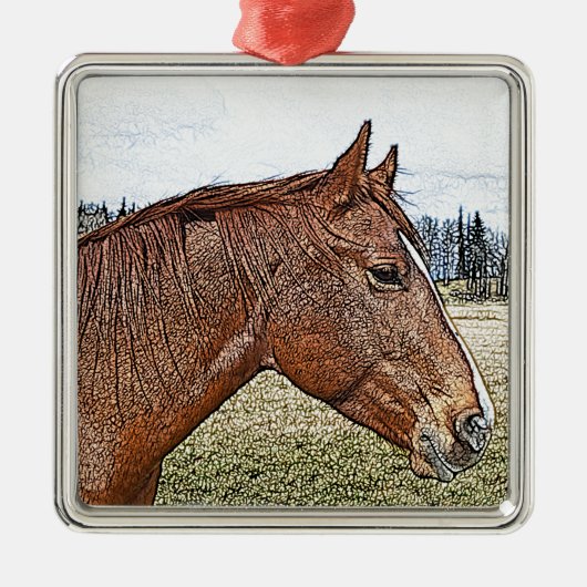 Sorrel Pferde Portrait Equine Art Illustration Silbernes Ornament (Vorne)