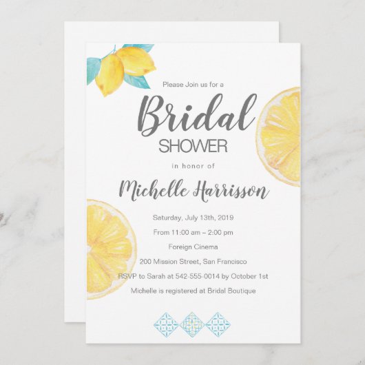 Sorrento. Lemon Watercolor Brautparty Einladung (Vorne/Hinten)