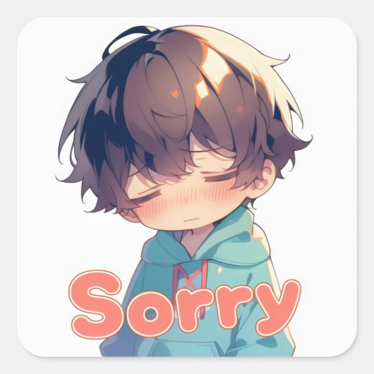 Sorry Anime Boy Sad Face Quadratischer Aufkleber (Vorderseite)