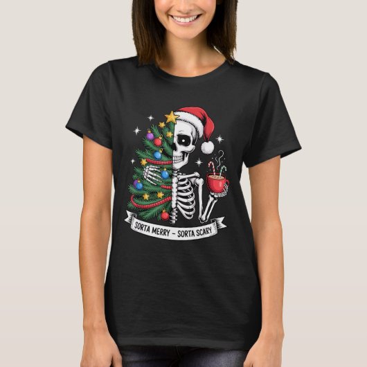 Sorta Merry Sorta Y Santa Skeleton Cocoa Christmas T-Shirt (Vorderseite)