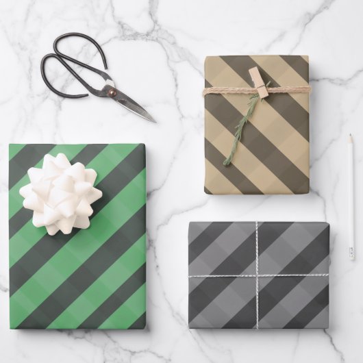 Sortiertes Karo Grün Braun Grau Geschenkpapier Set (Vorderseite)