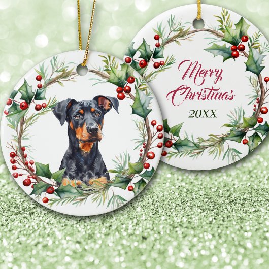Soulful Doberman Pinscher Dog in Holly Twig Wreath Keramik Ornament