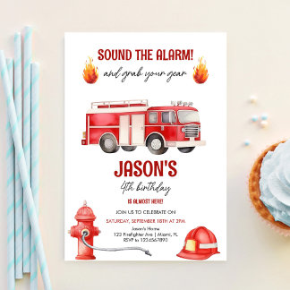 Sound The Alarm Firetruck Boys 4. Geburtstag Einladung