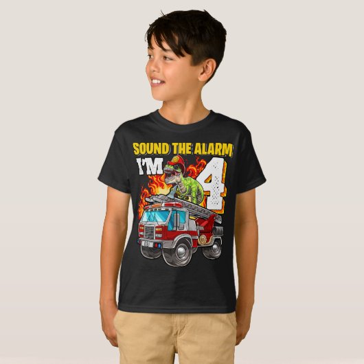 Sound the Alarm Ich bin 4 Dinosaur Feuerwehrmann 4 T-Shirt (Vorne ganz)