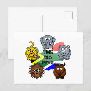 South Africa Big Five Safari Animal Cartoon Design Postkarte