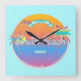 South Beach, Miami, Florida with Palms Wall Clock Quadratische Wanduhr