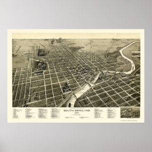 South Bend, IN Panorama Karte - 1890 Poster