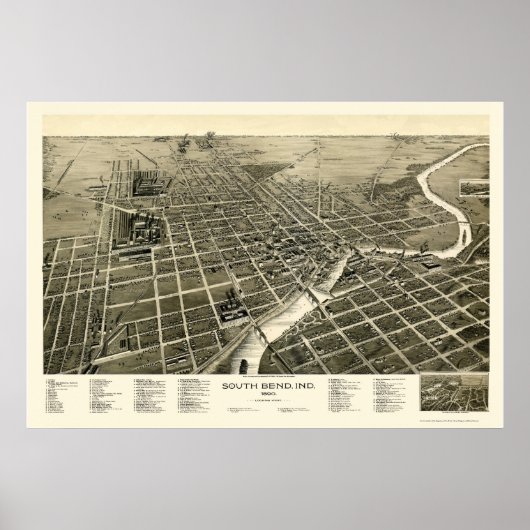 South Bend, IN Panorama Karte - 1890 Poster (Vorne)
