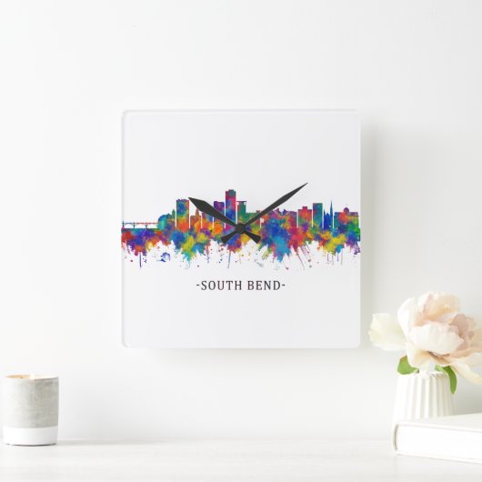 South Bend Indiana Skyline Quadratische Wanduhr (Zuhause)