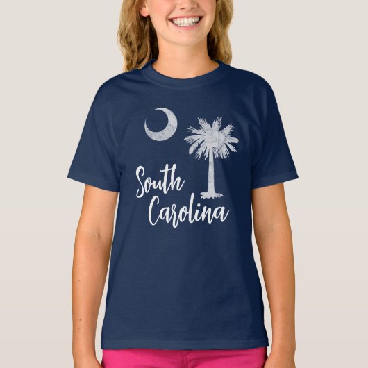 South Carolina Flagge mit Palmetto Tree Blue T-Shirt (Vorderseite)