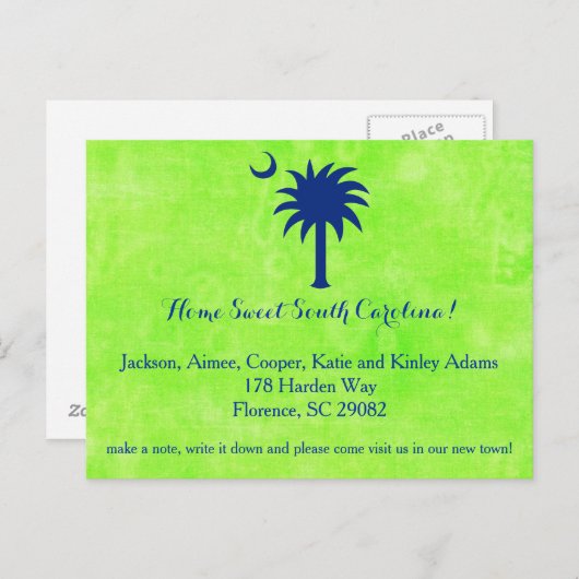 South Carolina Palmetto Tree and Moon New Address Ankündigungspostkarte (Vorne/Hinten)
