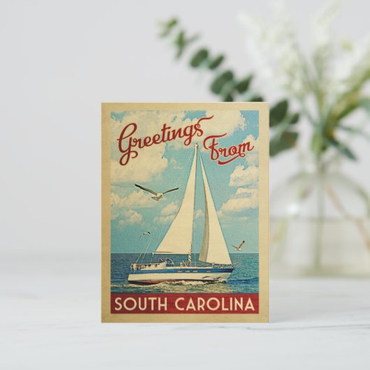 South Carolina Sailboat Vintage Travel Postkarte (Stehend Vorderseite)