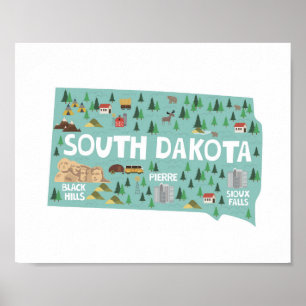 South Dakota Icon Landmarks Map Poster