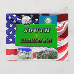 South Dakota Karte, Foto Text, Faux Quarter & Flag Postkarte