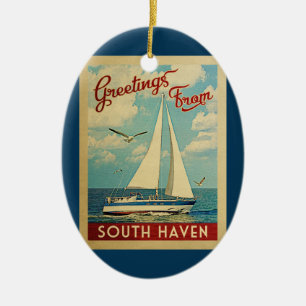 South Haven Sailboat Vintage Reise Michigan Keramik Ornament