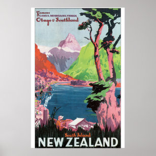 South Island Neuseeland Vintage Travel Poster