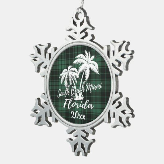South Miami Beach Florida Palm Green Kariert Schneeflocken Zinn-Ornament (Rechts)