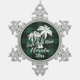 South Miami Beach Florida Palm Green Kariert Schneeflocken Zinn-Ornament