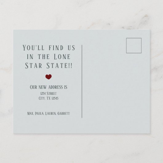 South Texas Blue Linen und Heart Texas Moving Ankündigungspostkarte (Rückseite)