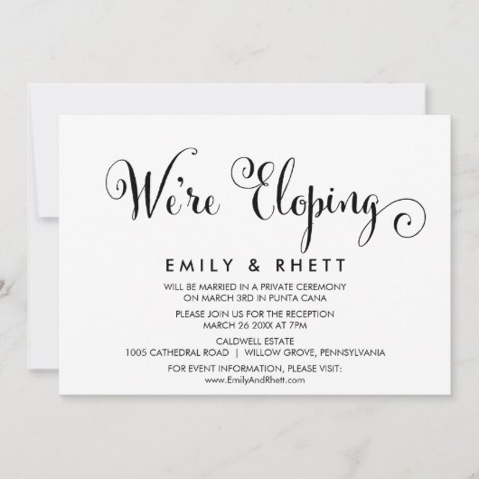 Southern Belle Calligraphy Elopement Empfang Einladung (Vorderseite)