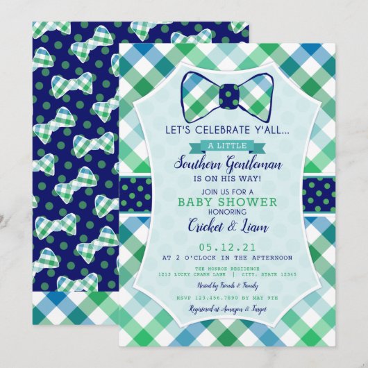 Southern Gentleman Kariert und Bowtie Baby Boy Einladung (Vorne/Hinten)