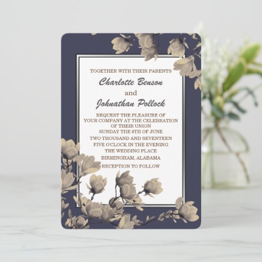 Southern Greige Magnolias Midnight Blue Wedding Einladung (Stehend Vorderseite)