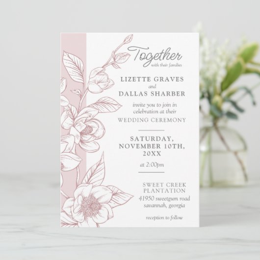 Southern Magnolia Blossom Blush Bloral Wedding Einladung (Stehend Vorderseite)
