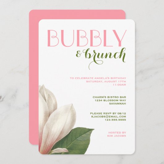 Southern Magnolia Bubbly Brunch | Rosa grün Einladung (Vorne/Hinten)