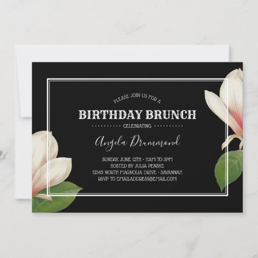 Southern Magnolia Geburtstag Brunch Black Einladung (Vorderseite)