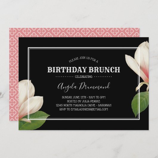 Southern Magnolia Geburtstag Brunch Black Einladung (Vorne/Hinten)
