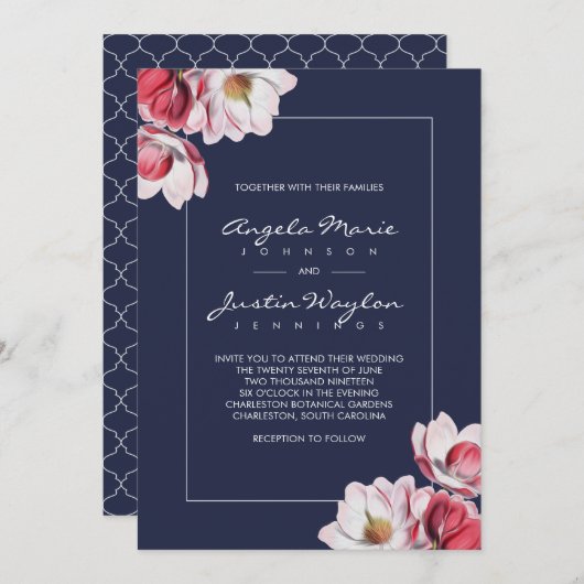 Southern Magnolia Wedding Midnight Blue Einladung (Vorne/Hinten)