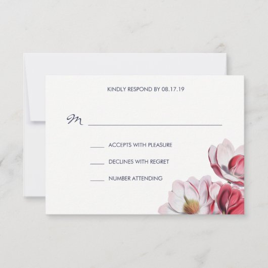 Southern Magnolia Wedding Midnight Blue RSVP Karte (Vorderseite)