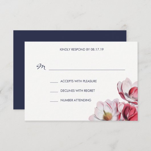 Southern Magnolia Wedding Midnight Blue RSVP Karte (Vorne/Hinten)