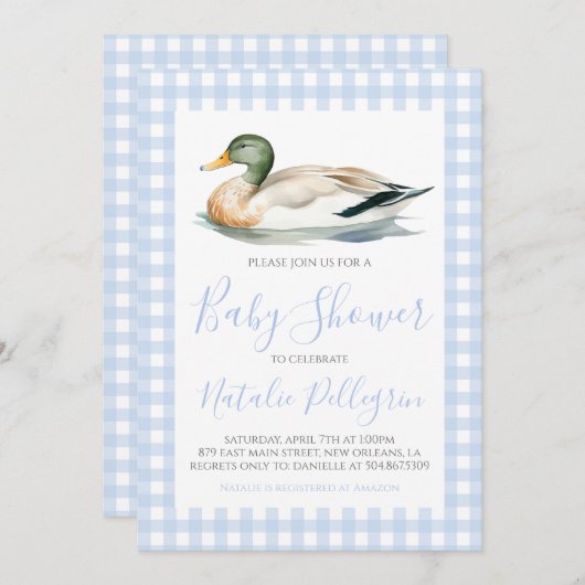 Southern Mallard Duck Blue Gingham Baby Shower Einladung (Vorne/Hinten)