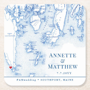 Southport Boothbay Maine Map Wedding Cocktail Hour Rechteckiger Pappuntersetzer