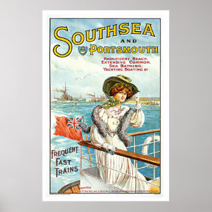 Southsea & Portsmouth UK Vintag 1905 Travel Art Poster