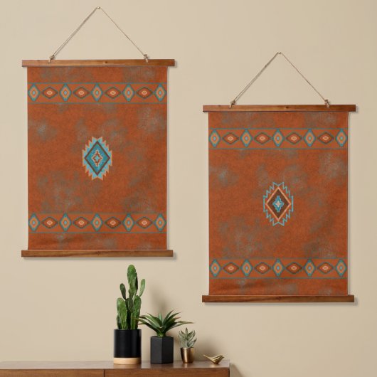 Southwest Canyons Geometric Diamonds Design Set Wandteppich Mit Holzrahmen (Asymmetrisch)